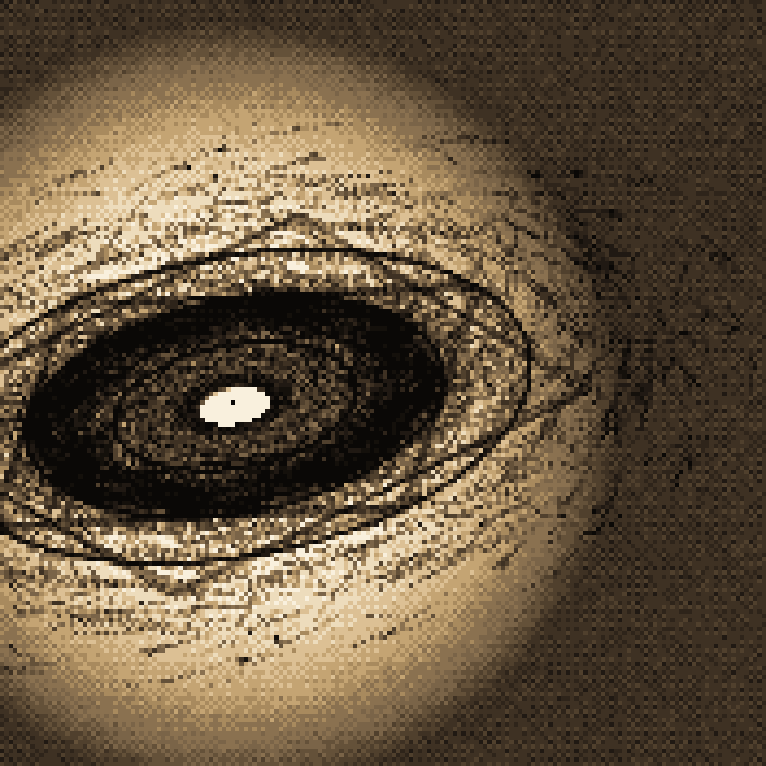 Revealed edition: a dark sepia spiral on bone, concentric geometric rings drawn across it, bright core.