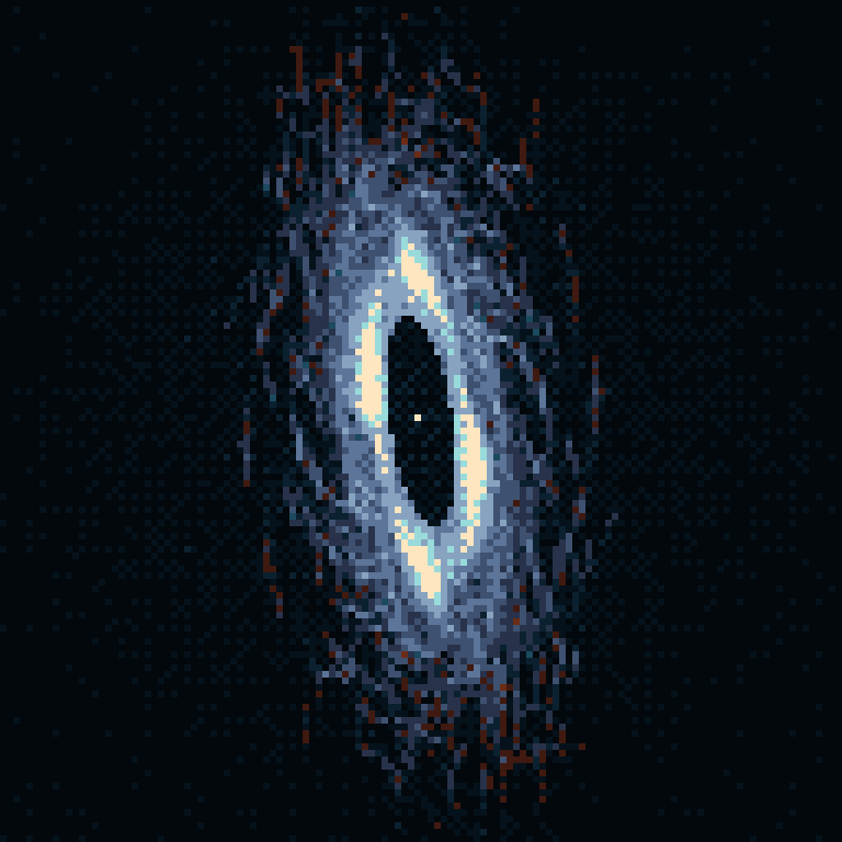 Pixel-art animation: a tilted disc of pale blue and rust particles orbiting a large dark elliptical void, on near-black.