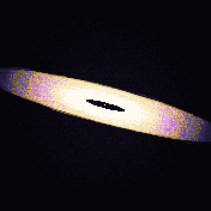 Pixel-art animation: a near edge-on blade of gold and violet matter, dark slit void at its centre, on black.